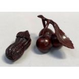 Chinese hardwood carved treasure box in the form of cherries together with another of peanut in
