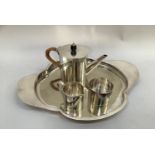 Art Deco silver plated tea service of cylindrical outline comprising teapot with wrapped raffia