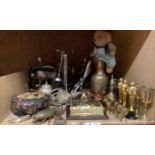 A quantity of brass ware comprising; etched ewer, and glasses, wall-mounted letter holder, fire-side