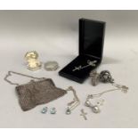 A silver coin purse together with a quantity of silver jewellery including two marcasite set rings