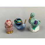 Herend model of a duck in green fishnet with wing detailing, owl in red and snail in blue with