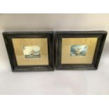 Pair of oils of a masted sailing ship and a fishing boat out of harbour, oil possibly on card,