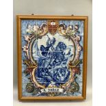 A Spanish ceramic tile picture in pine frame depicting S. Jorge