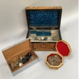 An early 20th Century jewellery box, chrome cigarette box and octagonal bamboo box containing a