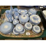 Quantity of Wedgwood pale blue jasperware comprising, three lidded dishes, pair of vases another