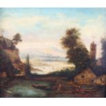 19th century European School, classical valley landscape with lake, oil on canvas, unsigned, 42cm