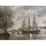 Jsil Ozisik-Alexandria, coastal landscape with sailing ship at anchor, oil on canvas, 30cm by 40cm