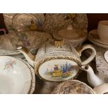 A quantity of crinoline lady empire ware, comprising teapots, plates, dishes, jug, tea cups, egg