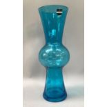 Dartington crystal blue ridged vase with flared rim and bulbous centre, etched to base with