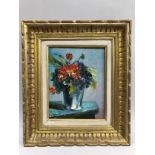 French mid 20th century Still Life of summer flowers held in a glass vase on a table, oil on canvas,