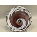 Gayle Glass, Bermuda c1970/80s, An aubergine and white swirled glass dish on foot rim, maker's label