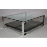 A large macassar ebony veneer, glass and chrome coffee table, of square outline with undertier,