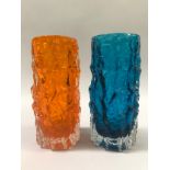 A Whitefriars tangerine glass bark vase and a Kingfisher blue bark vase, 15.5cm high (2)