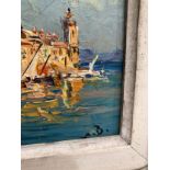 French mid 20th century Mediterranean harbour scene with moored fishing boats, oil on board,