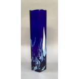 A Beranek Skrdlovice, hexagonal blue glass vase, with mottled texture and white inclusions with