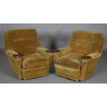 A pair of Bridgecraft armchairs, c1970s, cinnamon velour upholstery with teak arm caps. PLEASE