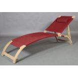 Gaze Burvill, Hampshire, UK, A bentwood and maroon canvas sun lounger, 213cm long x 66cm wide