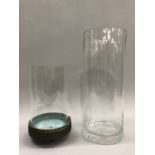 A large clear glass floor vase or umbrella stand, cylindrical, 20.5cm diameter x 50cm high, together