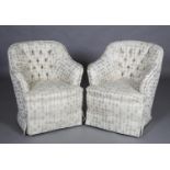 A pair of tub chairs with button back upholstery in neutral tones, 67.5cm wide. PLEASE NOTE The
