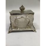 Victorian silver plated biscuit box with etched and cut glass on bracket feet, the lid engraved with