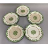 Five Ridgeway and Co dessert plates painted with green scrolling decoration and gilt banding,