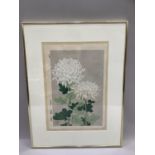 A Japanese colour wood block print of dahlias, seal mark, 40cm by 27.5cm