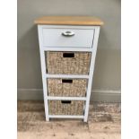 A painted pine three stack tidy containing three wicker baskets with single drawer and chrome