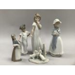 One Lladro figure, 'Girl with Pig', together with four Nao figures comprising three girls and a