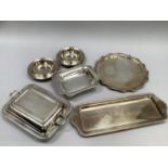 Quantity of silver plate comprising entree dish and cover, two handled hors d'oeuvre tray,