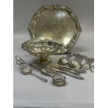 Silver plated ware comprising salver with gadroon rim on three bracket feet, pedestal bowl with