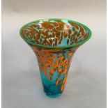 Studio art glass vase with flared rim, blue overpainted with mottled orange with pale green rim,