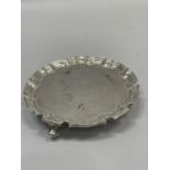 Elizabeth II silver waiter with pie crust rim on three scroll feet, diameter 15cm, Wakely and