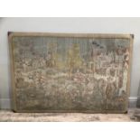 Modern machine woven tapestry wall hanging worked with medieval scenes, mounted on leather back