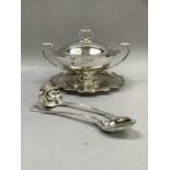 Silver plated twin handled soup tureen with domed lid on scalloped stand together with a soup