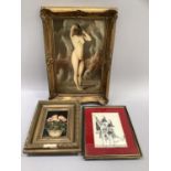 Overpainted print of a classical nude in a landscape, in ornate gilt frame, another over painted