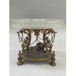 Victorian gilt metal and bronzed table centrepiece fitted with an oval frosted and cut glass dish,