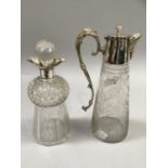 Victorian silver plate mounted glass claret jug, the body etched with plant forms, the handle and