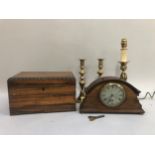 Mahogany mantel clock, mahogany sewing box with lined interior, pair of brass candlesticks and brass