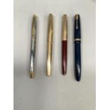 Two vintage Parker fountain pens, each with 14ct. gold nib, marron with gilt cap, blue and gilt case