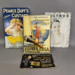 Four card-backed advertising lithographs for Pearce, Duffs Creamy Custard, Anti-Laria Non-