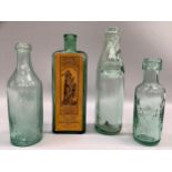 Ellisons Barrow codd-bottle with marble, Robert Carruthers Dumfries glass bottle, Kickapoo Sagwa