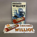 Two vintage Chicoree Williot advertising signs, one painted showing a blue coffee pot and cup, the
