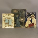 Three early, original card-backed lithograph advertising panels for Reckitt’s Blue and Price’s
