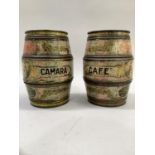 A pair of vintage printed tins for Castro Silva & Cia, Rio de Janeiro of barrel shape, in pale