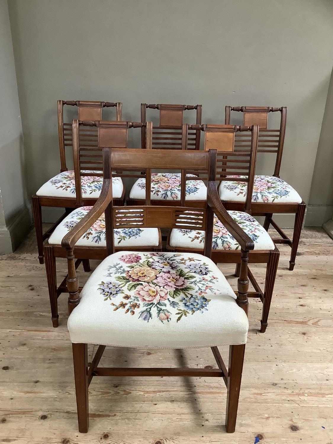 A set of five Regency style mahogany dining chairs with tapestry seats together with a carver - Image 2 of 4