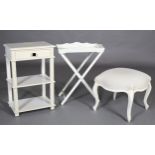 A French style stool, square, having a moulded seat rail and on cabriole legs upholstered in neutral