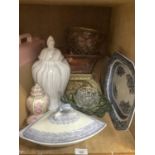 A 19th century blue and white dish and cover in trellis pattern together with blue and white meat