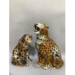 An Italian ceramic figure of a cheetah A/F and another largest example 47cm