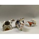 Three Royal Crown Derby paperweights comprising Horse with silver stopper, Rough Collie and Bluebell