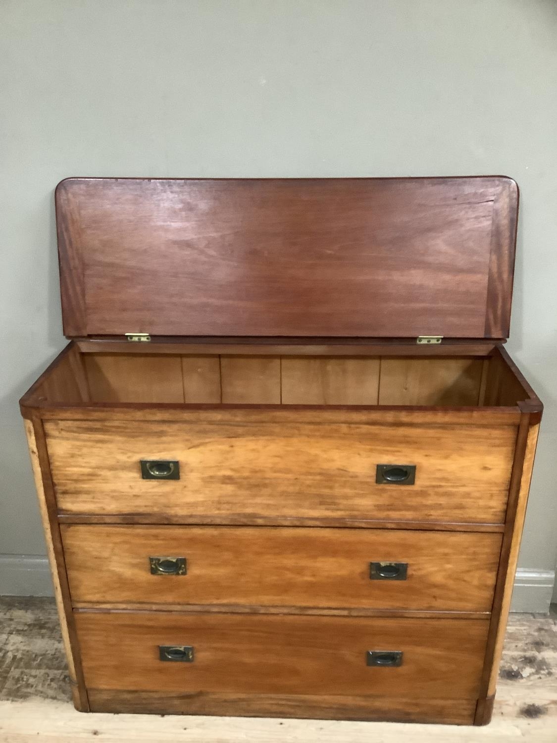 A Victorian satin wood campaign chest with colonnade ends with lift up top with three long drawers - Image 2 of 3
